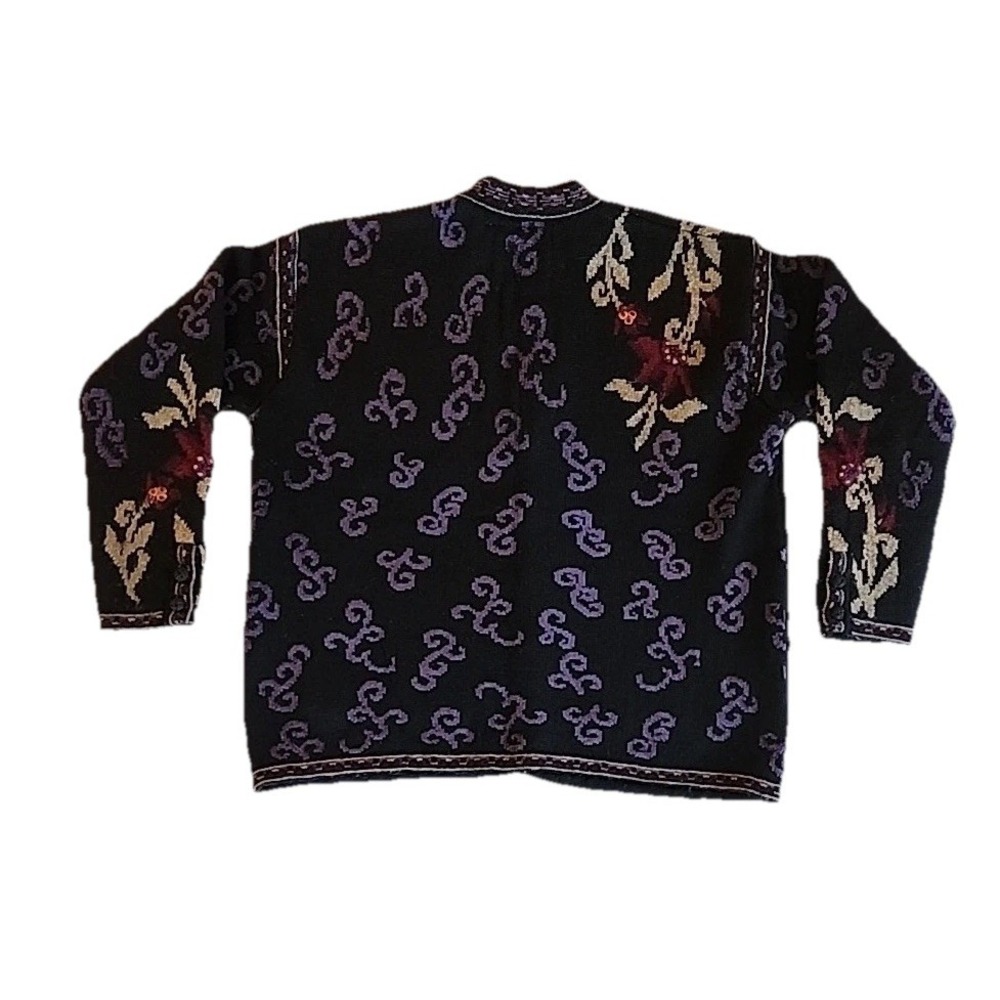 VTG Womens Cardigan Sz PL Black Floral Embroidered Sweater Nordic Scandi Cottage - Picture 2 of 11